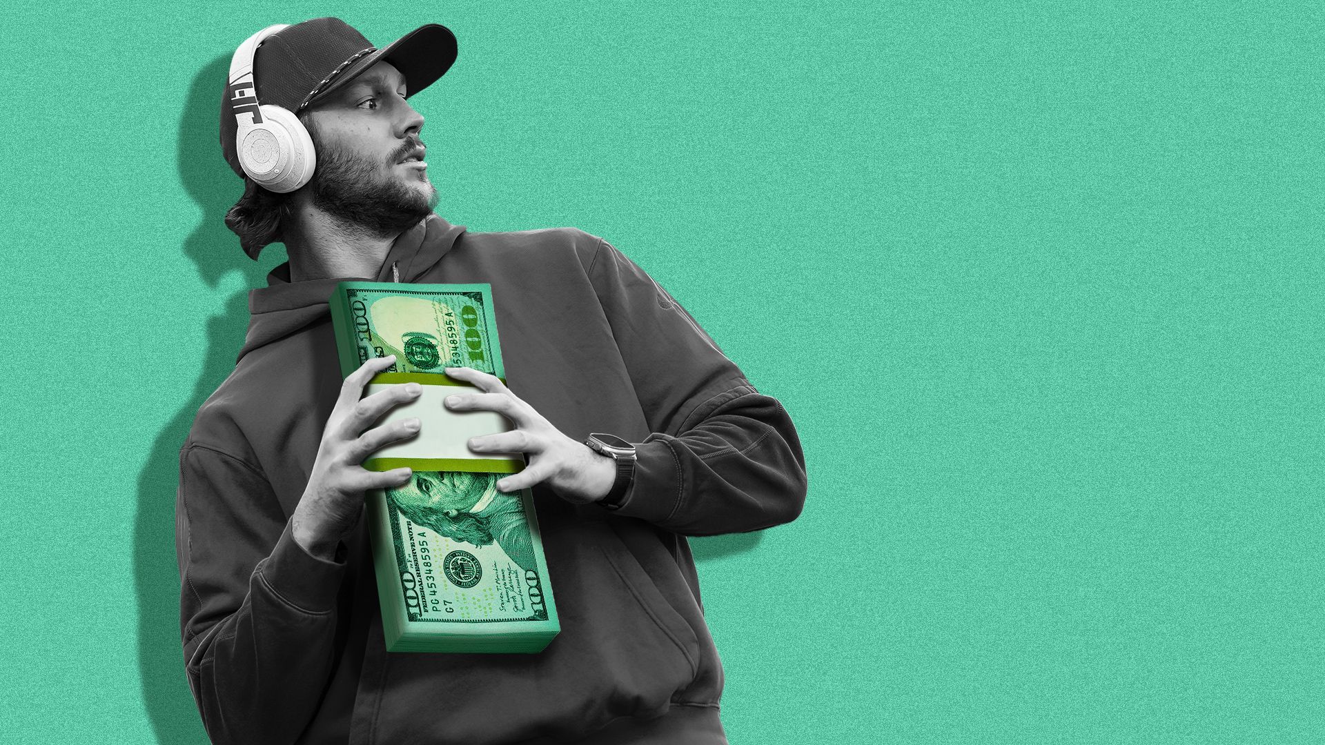Photo illustration of Josh Allen holding a stack of money about to throw it. 