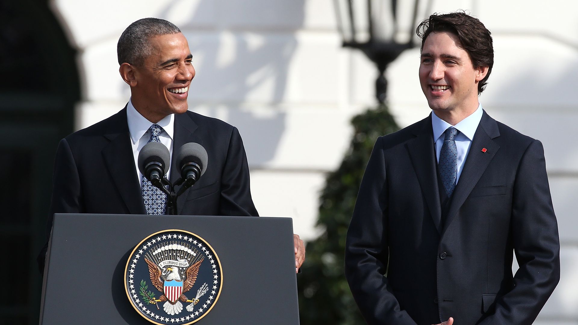 Barack Obama speaks about the location of the Stanley Cup as he welcomes Canadian Prime Minister Justin Trudeau during an arrival ceremony on the South Lawn of the White House, March 10, 2016.