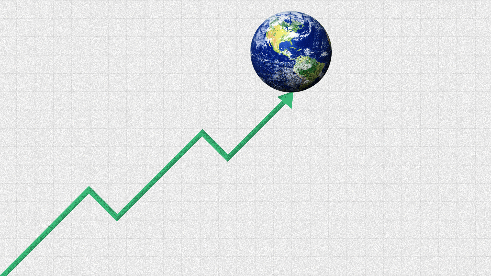 Illustration of an upward trending arrow with the Earth teetering on the edge. 