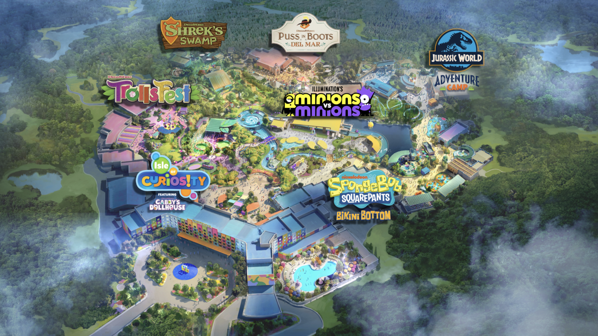 Aerial view of a theme park map highlighting zones: Shrek's Swamp, Puss in Boots Dril Mar, Jurassic World Adventure Camp, TrollsFest, Minions vs Minions, Isle of Curiosity featuring Gabby's Dollhouse, and SpongeBob SquarePants Bikini Bottom.