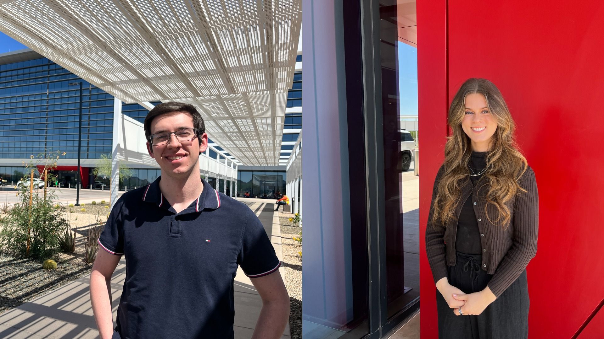 Side by side photos of young people standing outside of a building. 