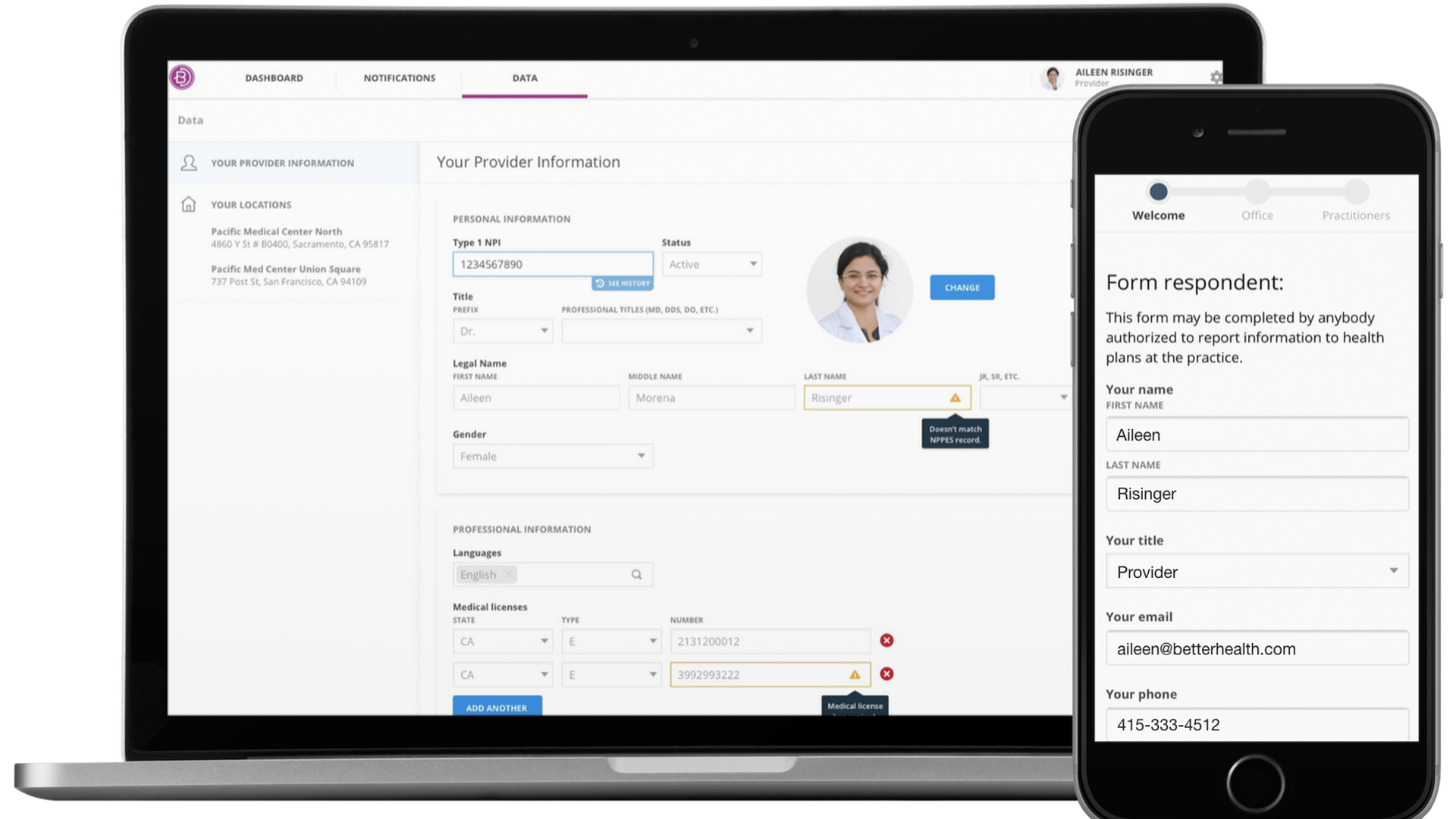 Laptop and phone screens showing BetterDoctor software