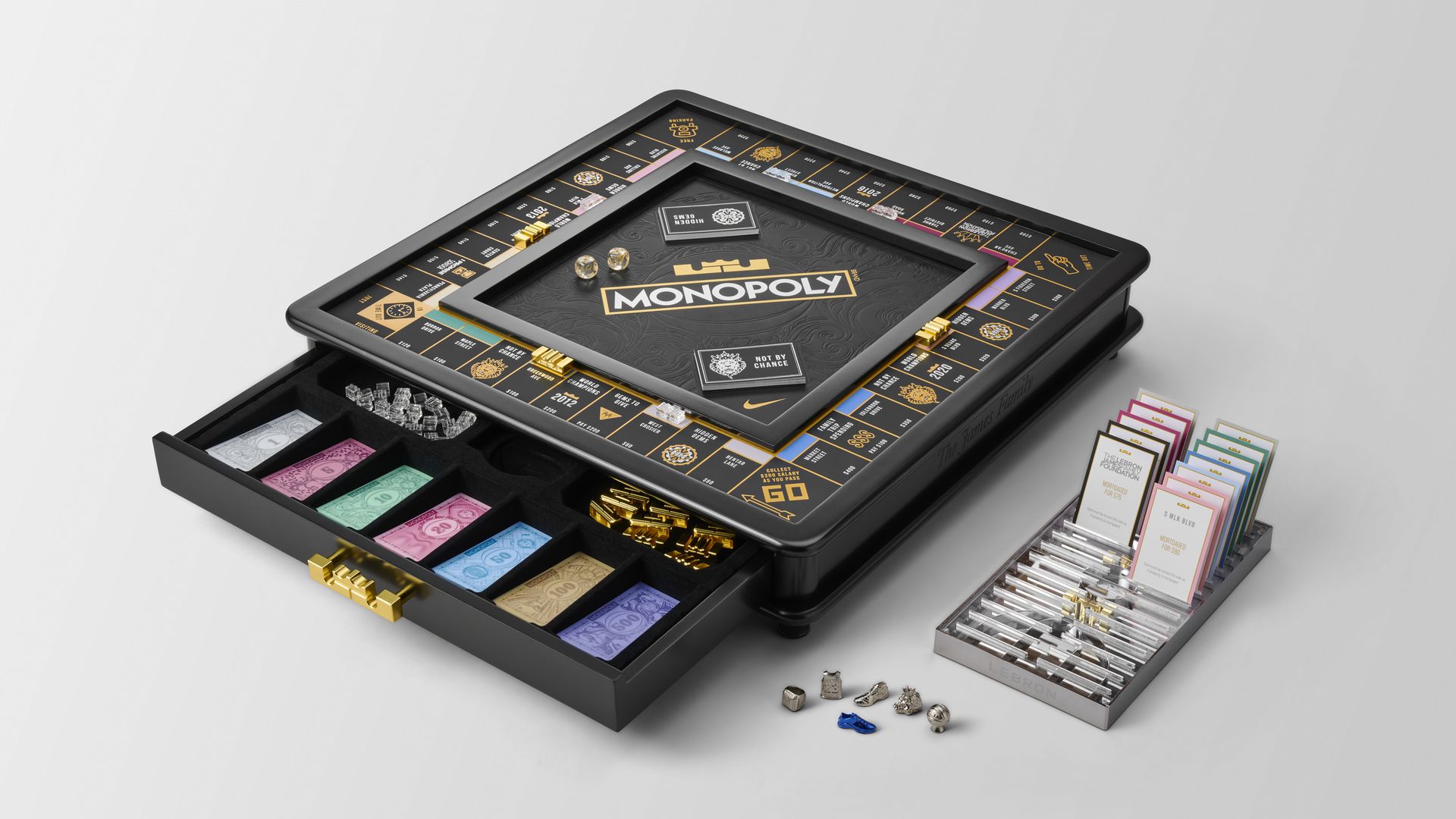 The LeBron James' version of the Monopoly game with game pieces, money and cards spread out. 