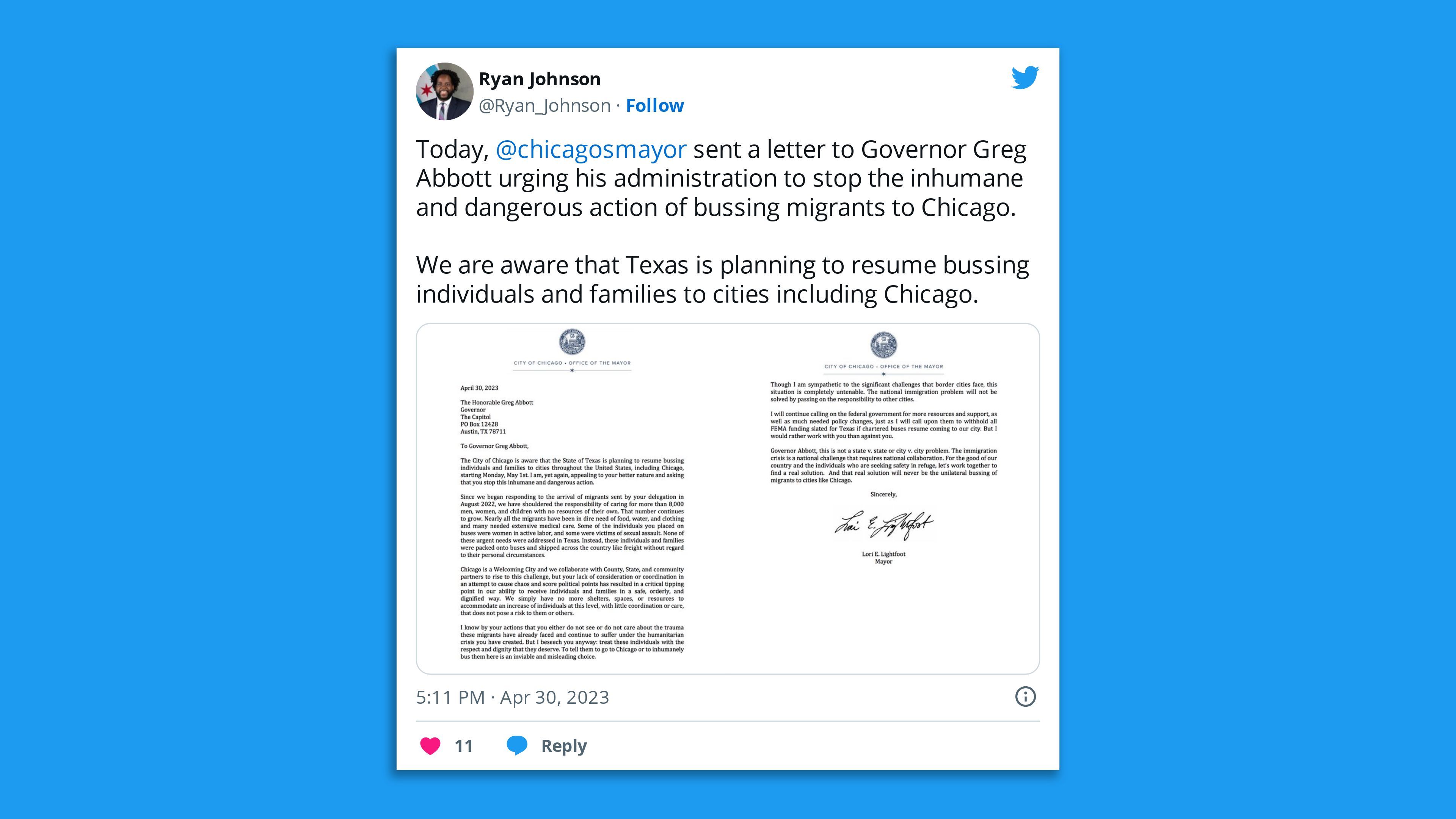 A screenshot of a tweet by a Chicago mayor spokesperson stating: "Today, @chicagosmayor sent a letter to Governor Greg Abbott urging his administration to stop the inhumane and dangerous action of bussing migrants to Chicago. We are aware that Texas is planning to resume bussing individuals and families to cities including Chicago."