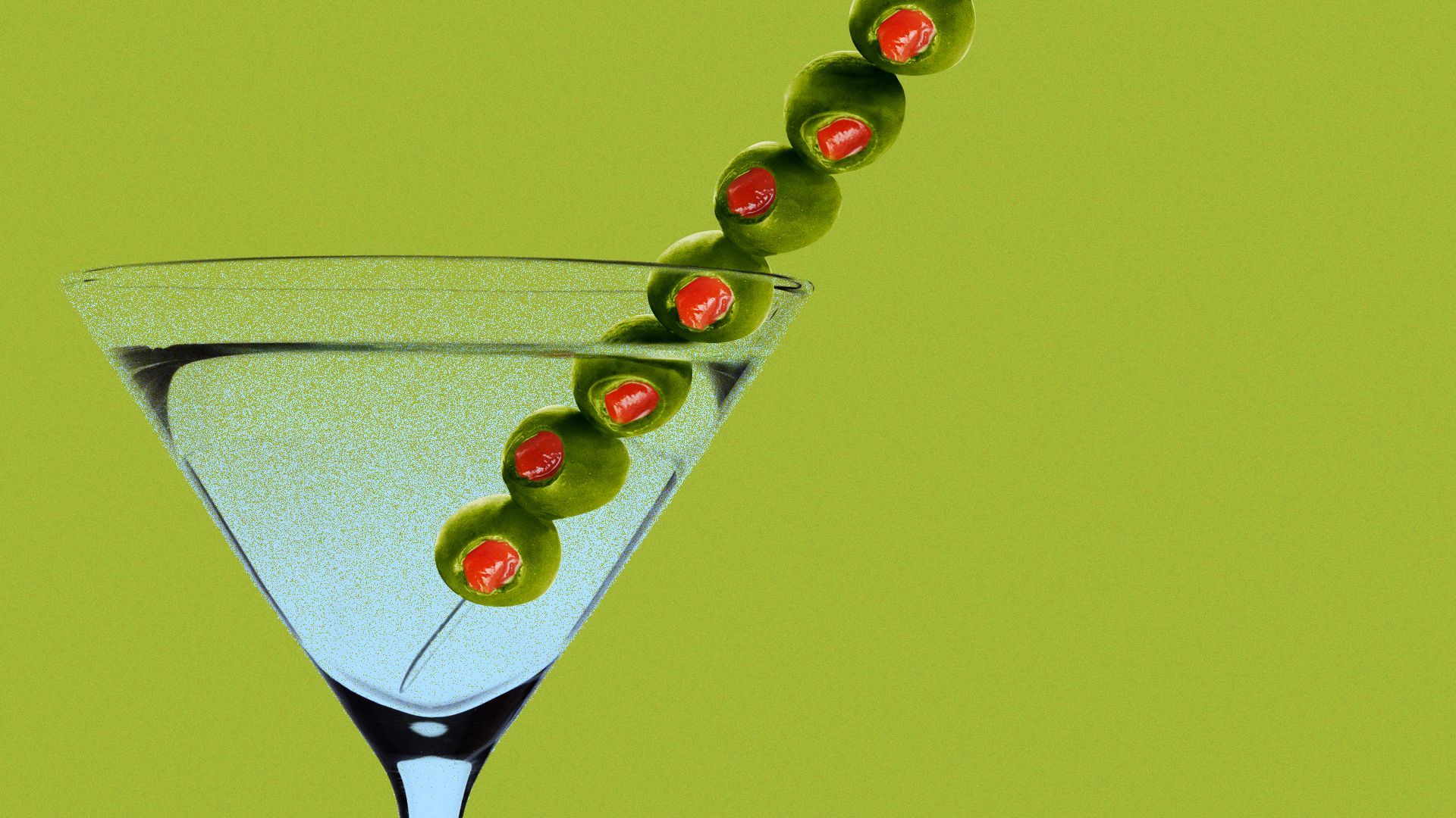 Illustration of a martini with a lot of olives.