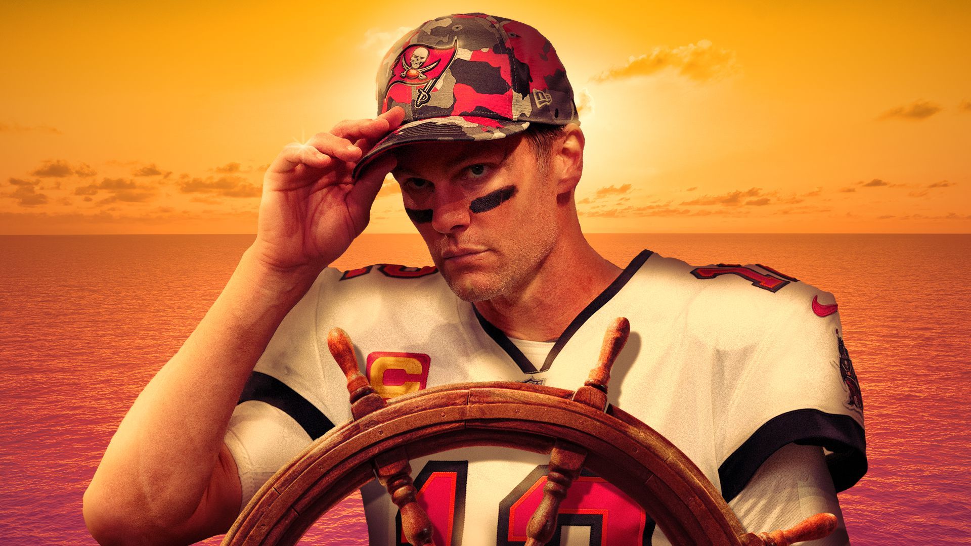 Photo illustration of Tom Brady at the helm of a pirate ship, tipping his hat towards the shoreline.