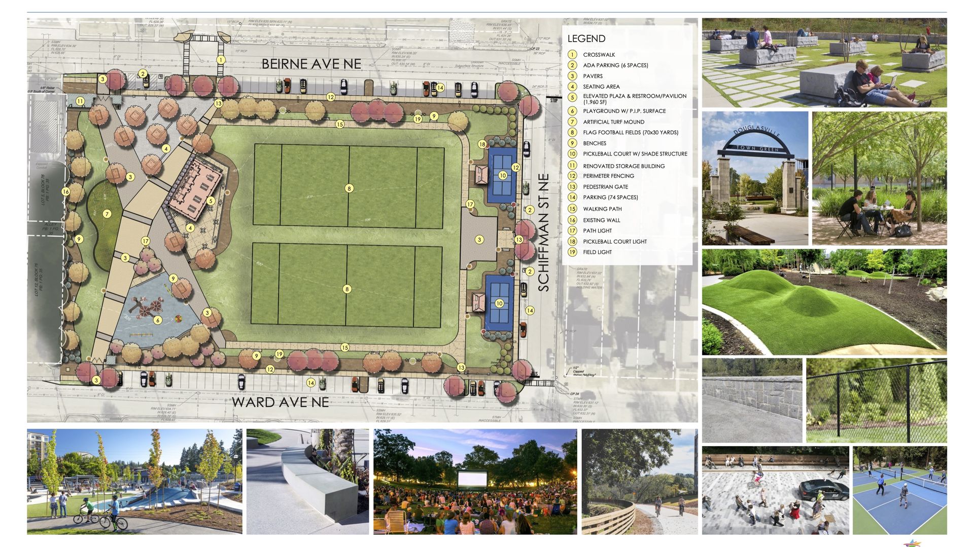Goldsmith-Schiffman Park master plan showing layout including crosswalks, ADA parking, playground, turf mound, football fields, pickleball courts, seating, parking, and walking paths with photos of park features.