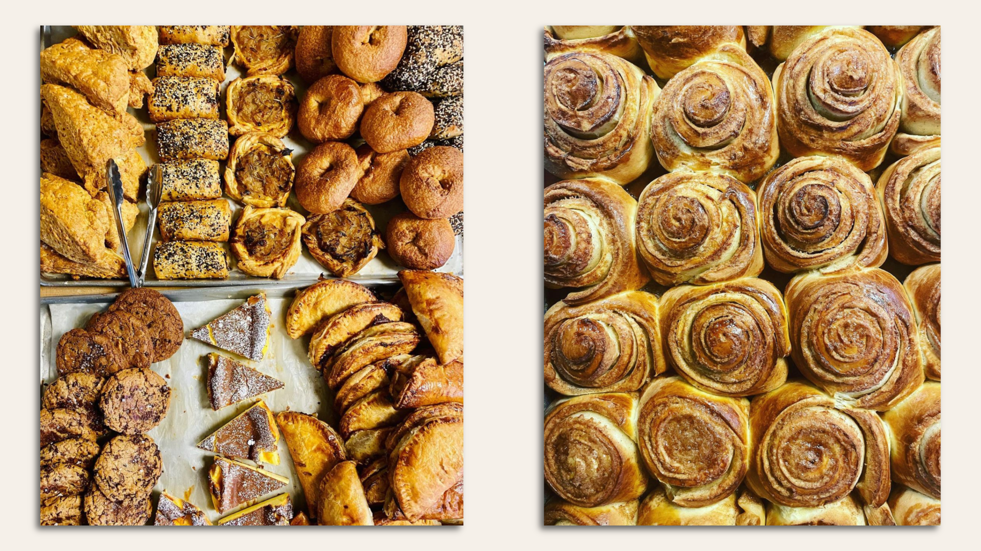 Side by side photos of baked goods like cookies, bagels, scones and rolls