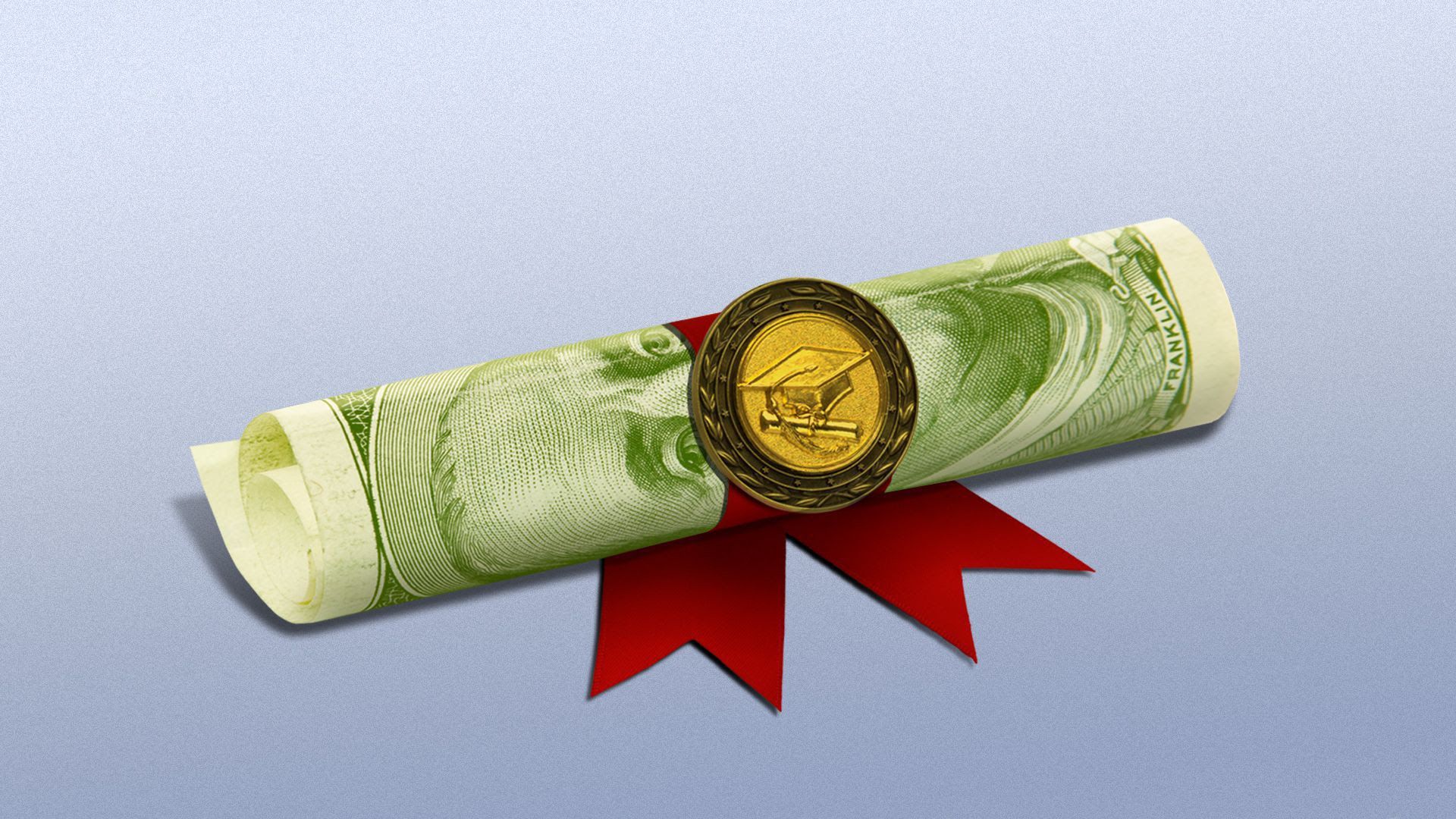 Illustration of money rolled up with a sticker of a graduation cap.
