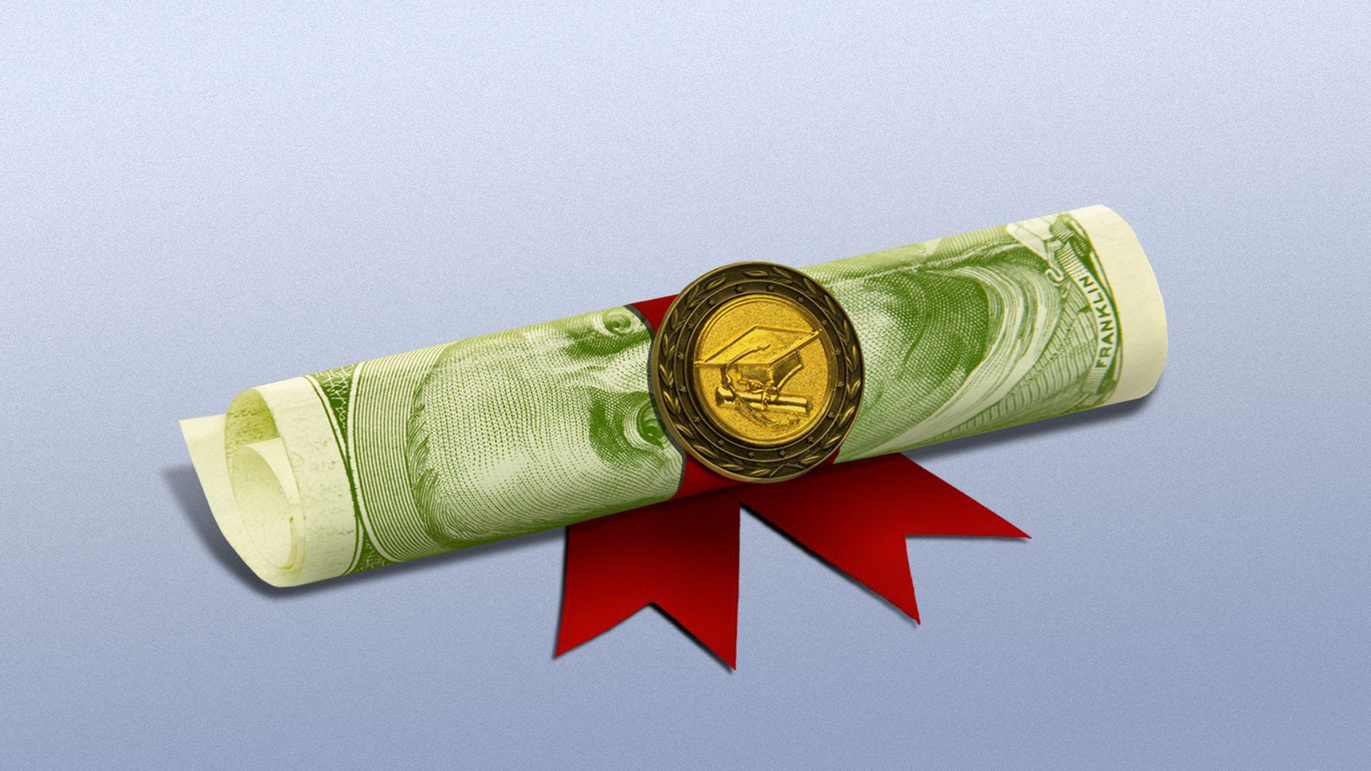 Illustration of money rolled up with a sticker of a graduation cap.