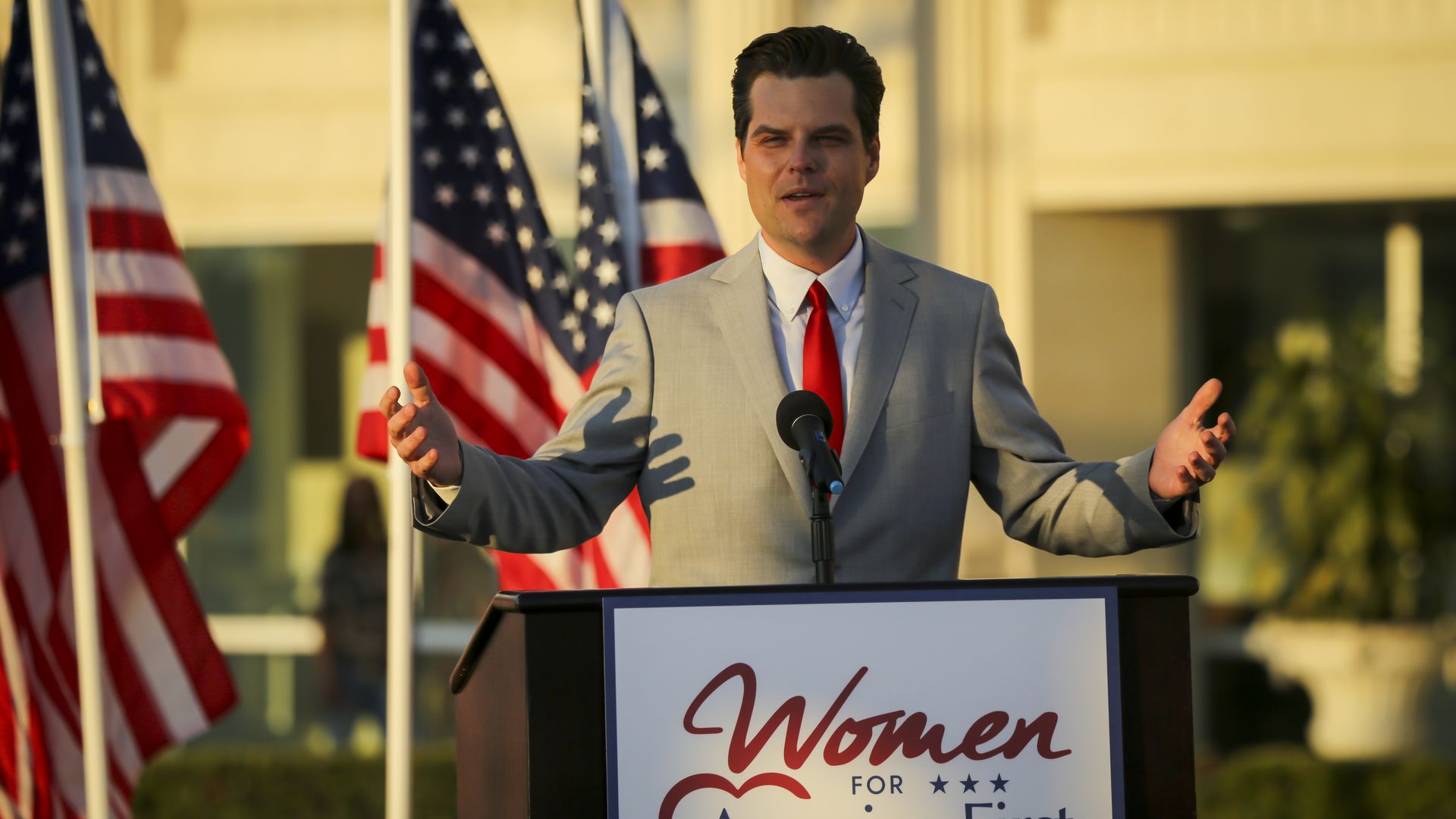 Representative Matt Gaetz, a Republican from Florida, gestures as he speaks during the Save America Summit in Doral, Florida, U.S., on Friday, April 9, 2021. 