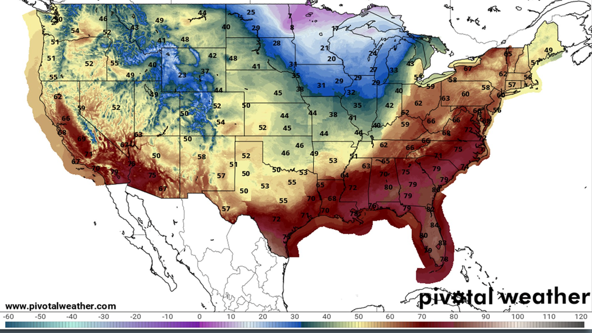 An NWS weather map of forecast temperatures in the U.S. showing near-record highs in the southeast U.S. and wintry lows in the Midwest.