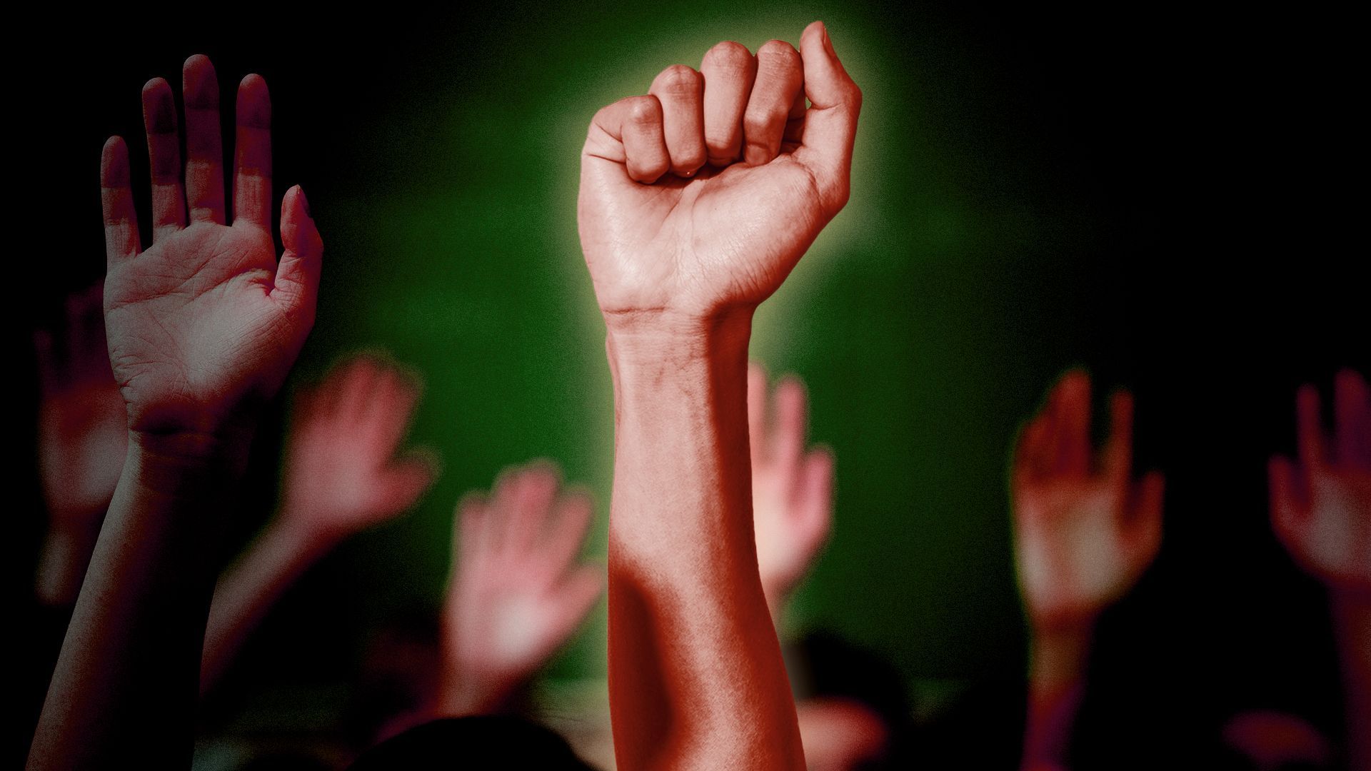 Illustration of hands raised in a classroom with the central hand clenched into a protesting fist.