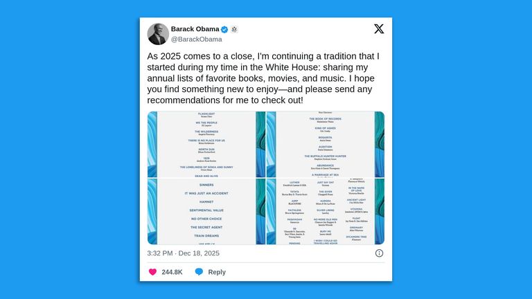 Obama shares his favorite movies, music and books of 2025