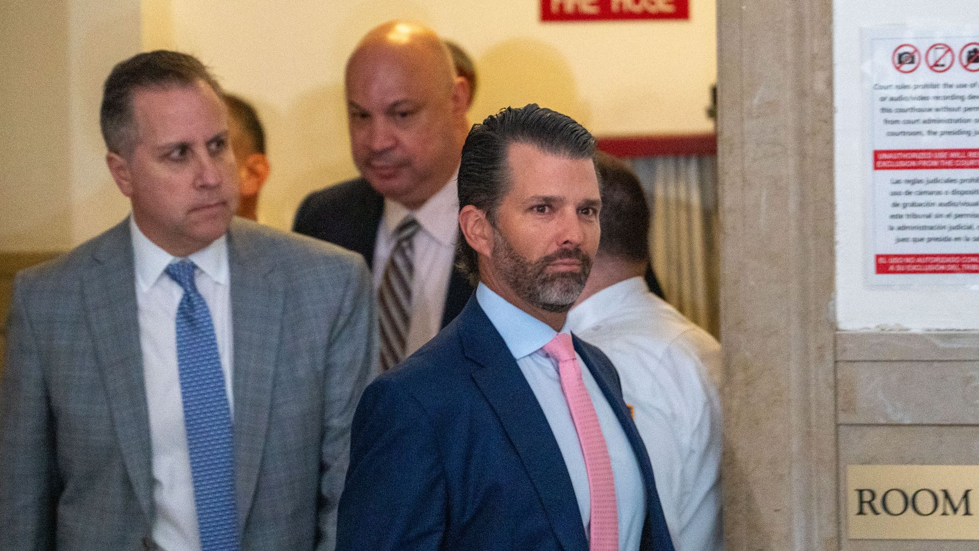 Donald Trump Jr. arrives at court for former President Donald Trump's civil fraud trial on November 01, 2023 in New York City