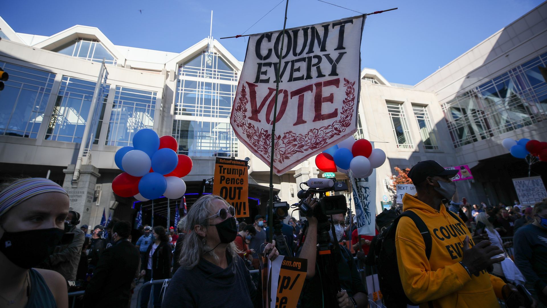 Trump and Biden supporters gathered at the ballot counting center as Biden supporters early celebrate in Philadelphia, Pennsylvania on November 6