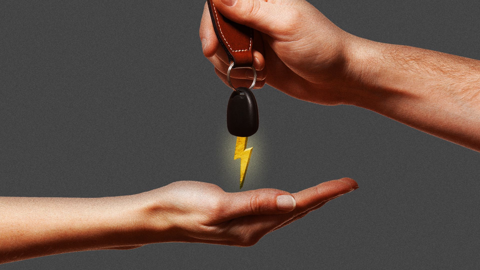 Illustration of a person handing someone else car keys shaped like a lightning bolt.
