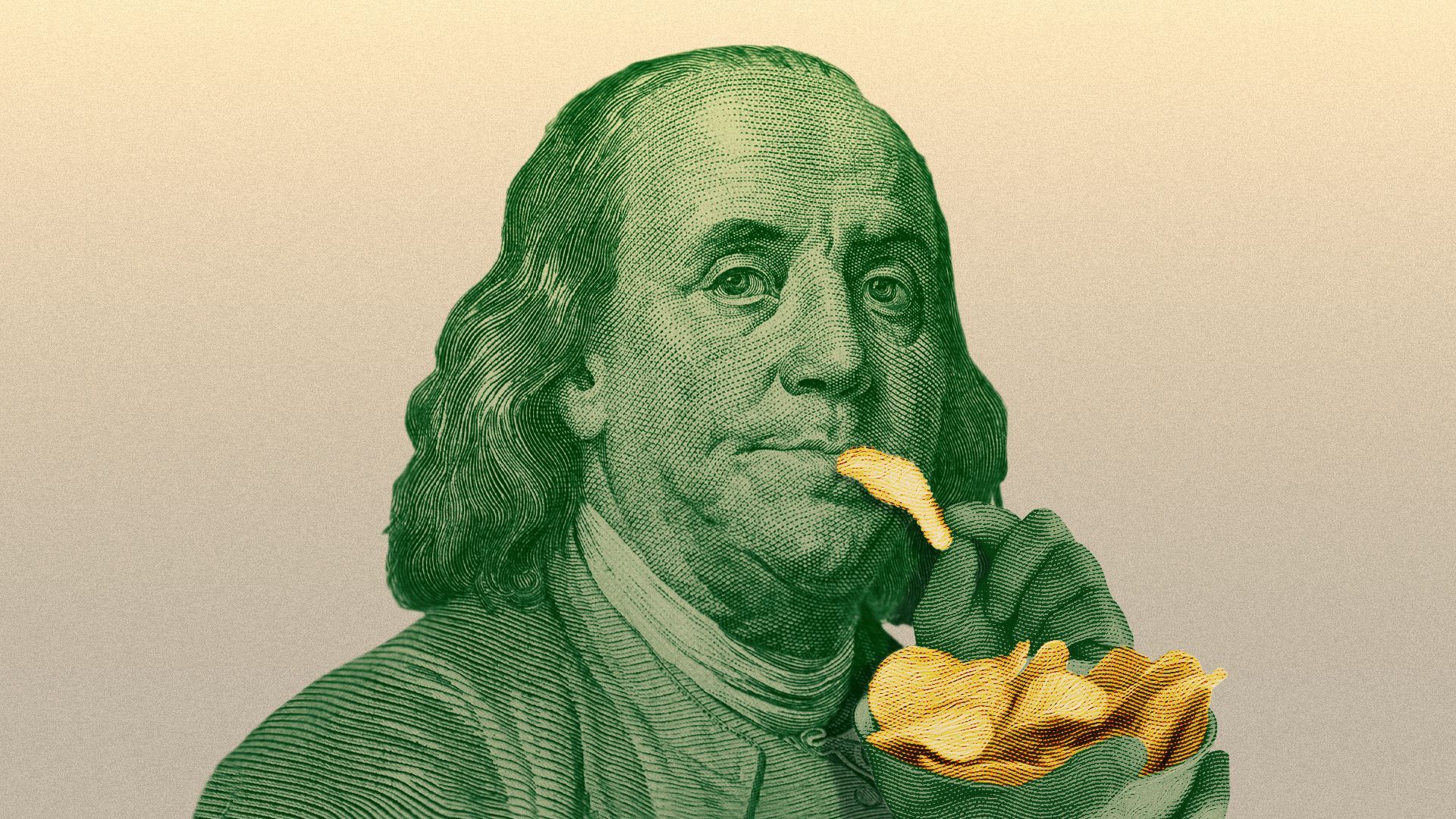 Illustration of Ben Franklin snacking on a bowl of potato chips.