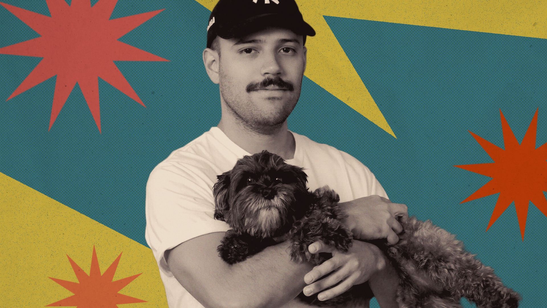 Photo illustration of Venezuelan comedian, Angelo Colina collaged with abstract shapes.