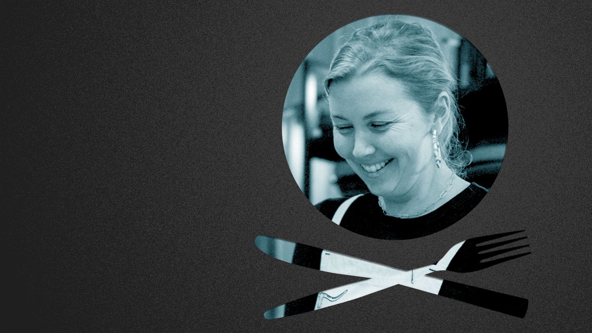 Photo illustration of a place setting shaped like a skull and crossbones containing a photo of Kari Shaughnessy.