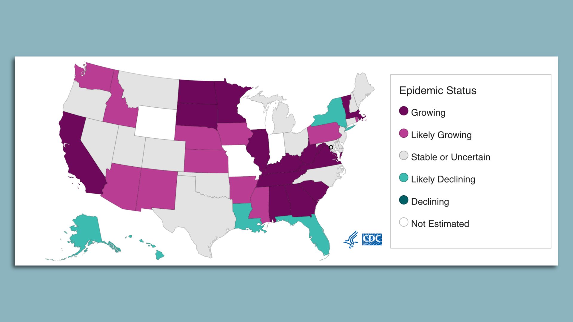 A map of the United States with dark purple colors marking areas where the CDC measures a high probability COVID cases are growing. The South has a high concentration of dark purple states.