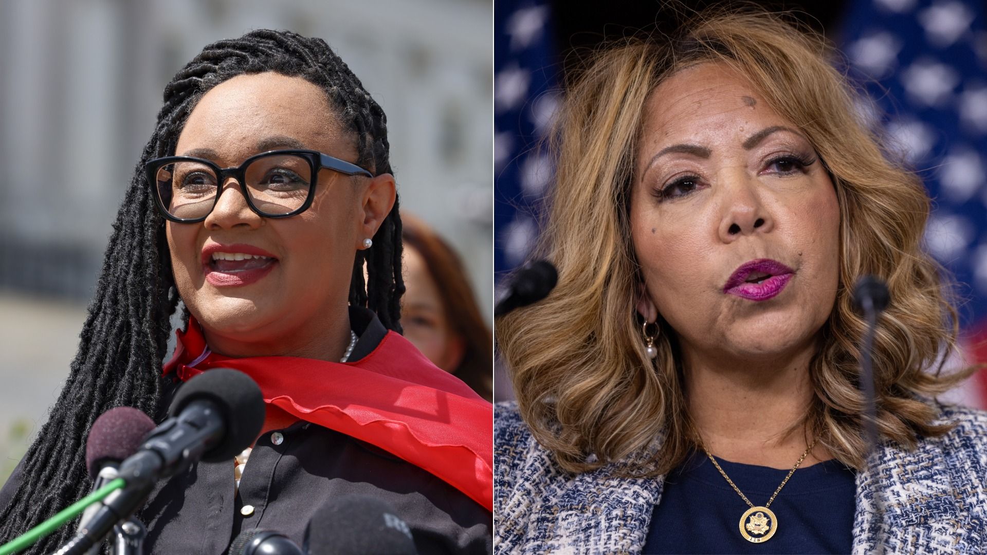 Side by side photos of individuals speaking at public events, one of which is outside the U.S. Capitol. The other individual is standing in front of U.S. flags.
