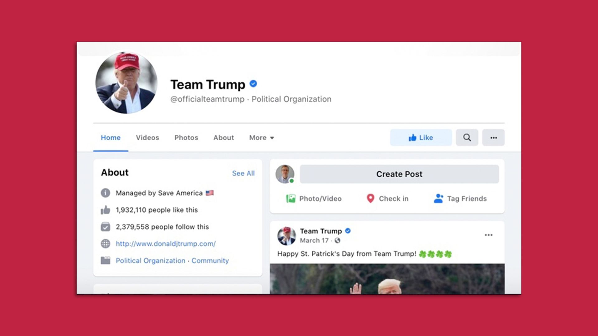 A screenshot shows a Facebook page supporting former President Donald Trump.