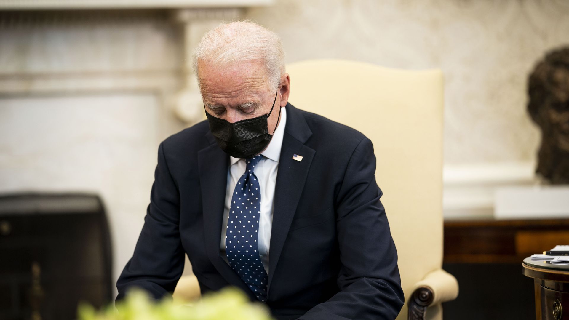 U.S. President Joe Biden pauses during a meeting in the Oval Office of the White House