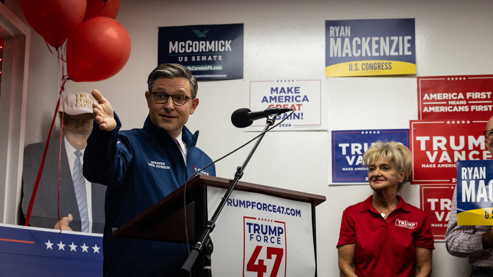 Speaker of the House Mike Johnson (R-LA) speaks to supporters of former US President and Republican presidential candidate Donald Trump, at a Trump Force 47 campaign office in Bethlehem, Pennsylvania on October 28, 2024. (Photo by SAMUEL CORUM / AFP) (Photo by SAMUEL CORUM/AFP via Getty Images)