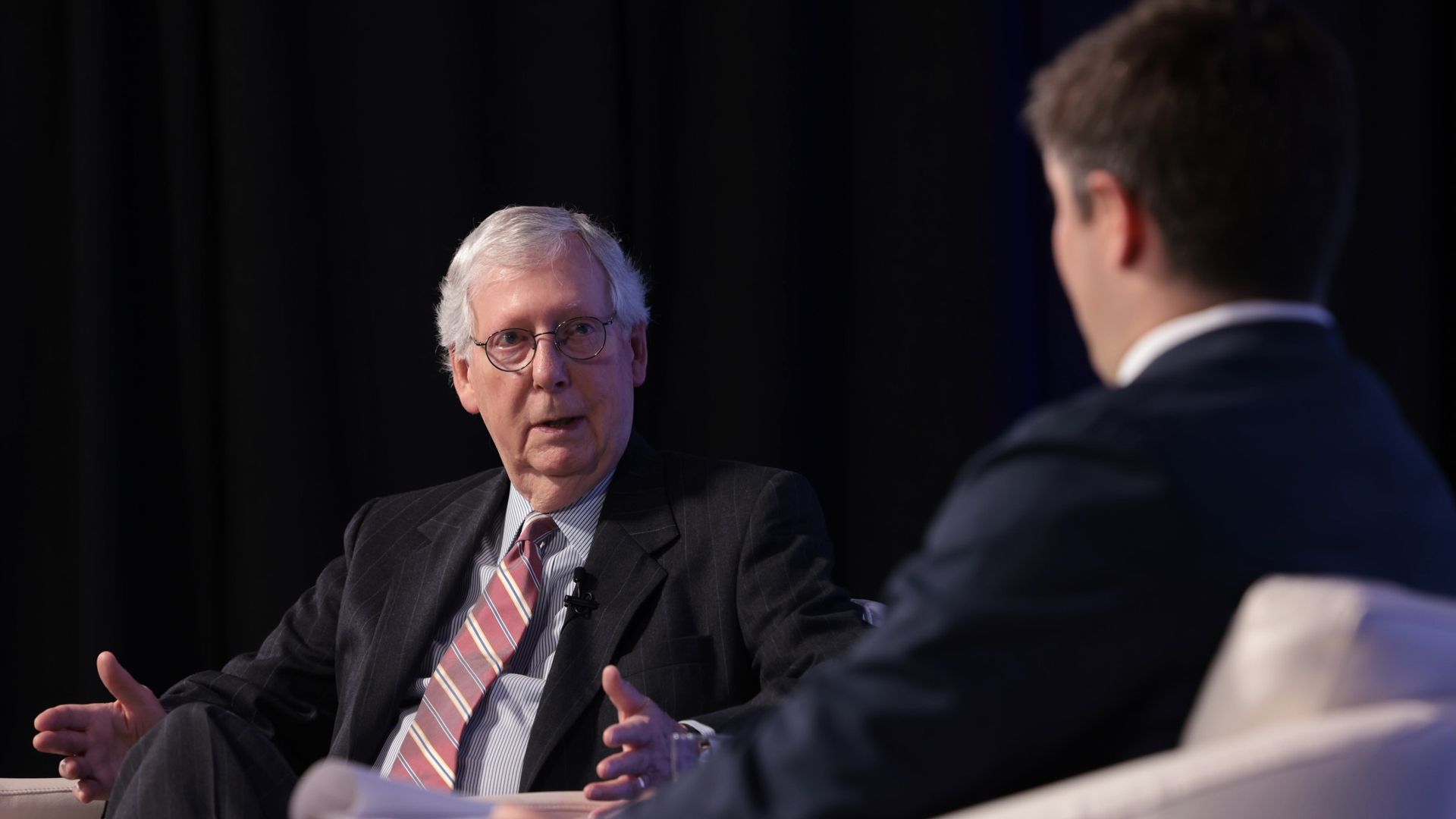 Senate Minority Leader Mitch McConnell is seen speaking with Jonathan Swan of Axios.