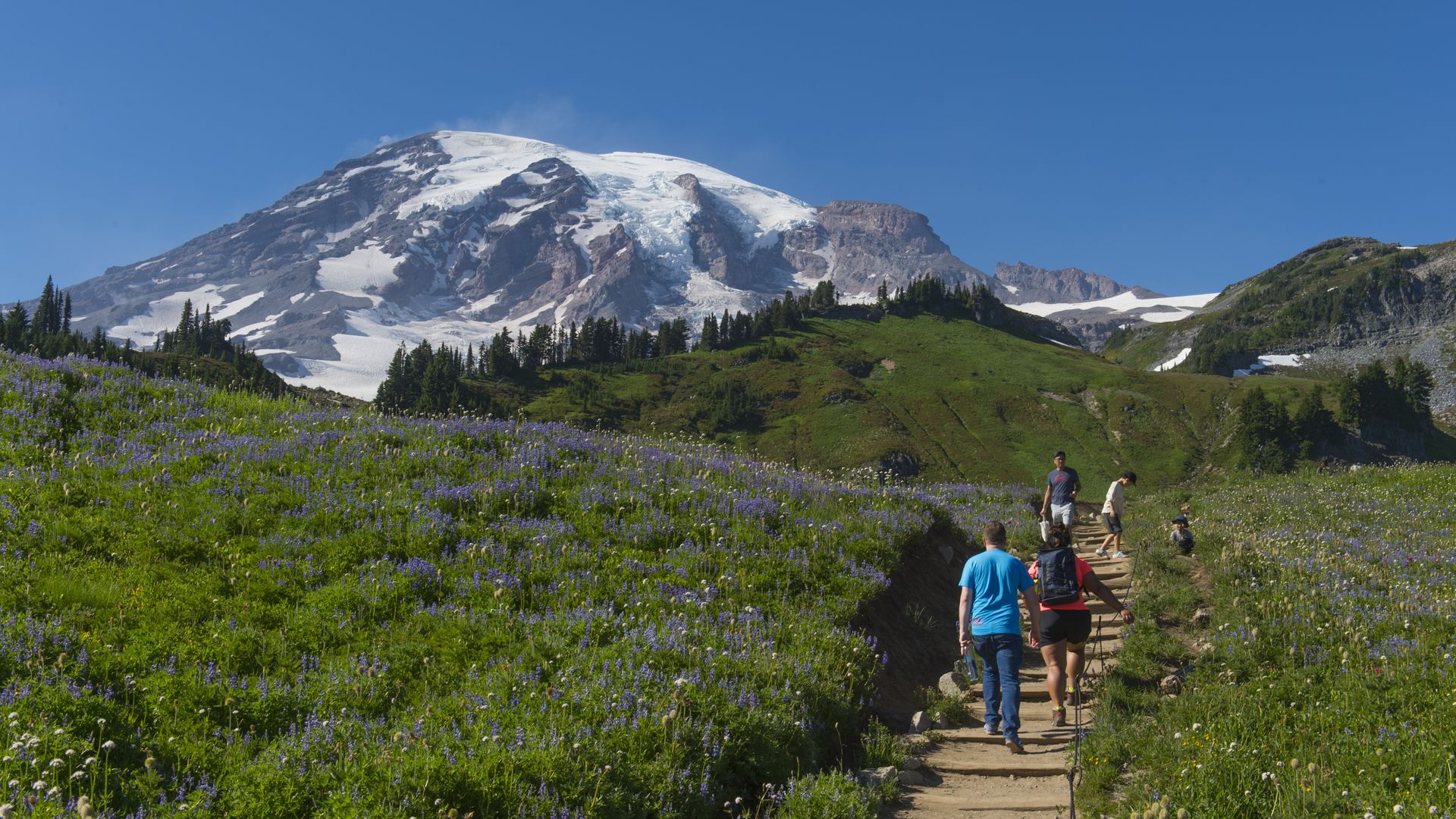 People on a trail hiking toward a distant mountain 