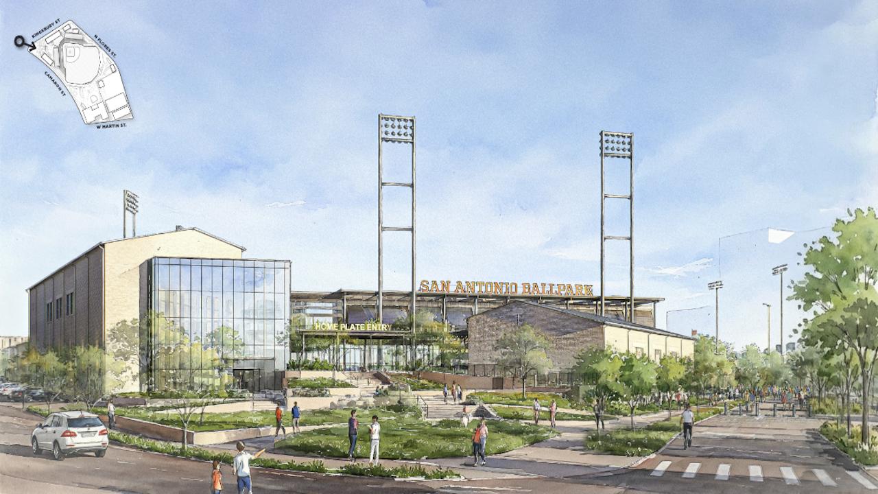 A rendering of a planned Minor League Baseball stadium in downtown San Antonio shows a glass-front entrance, two tall light towers, a landscaped plaza, and pedestrians.