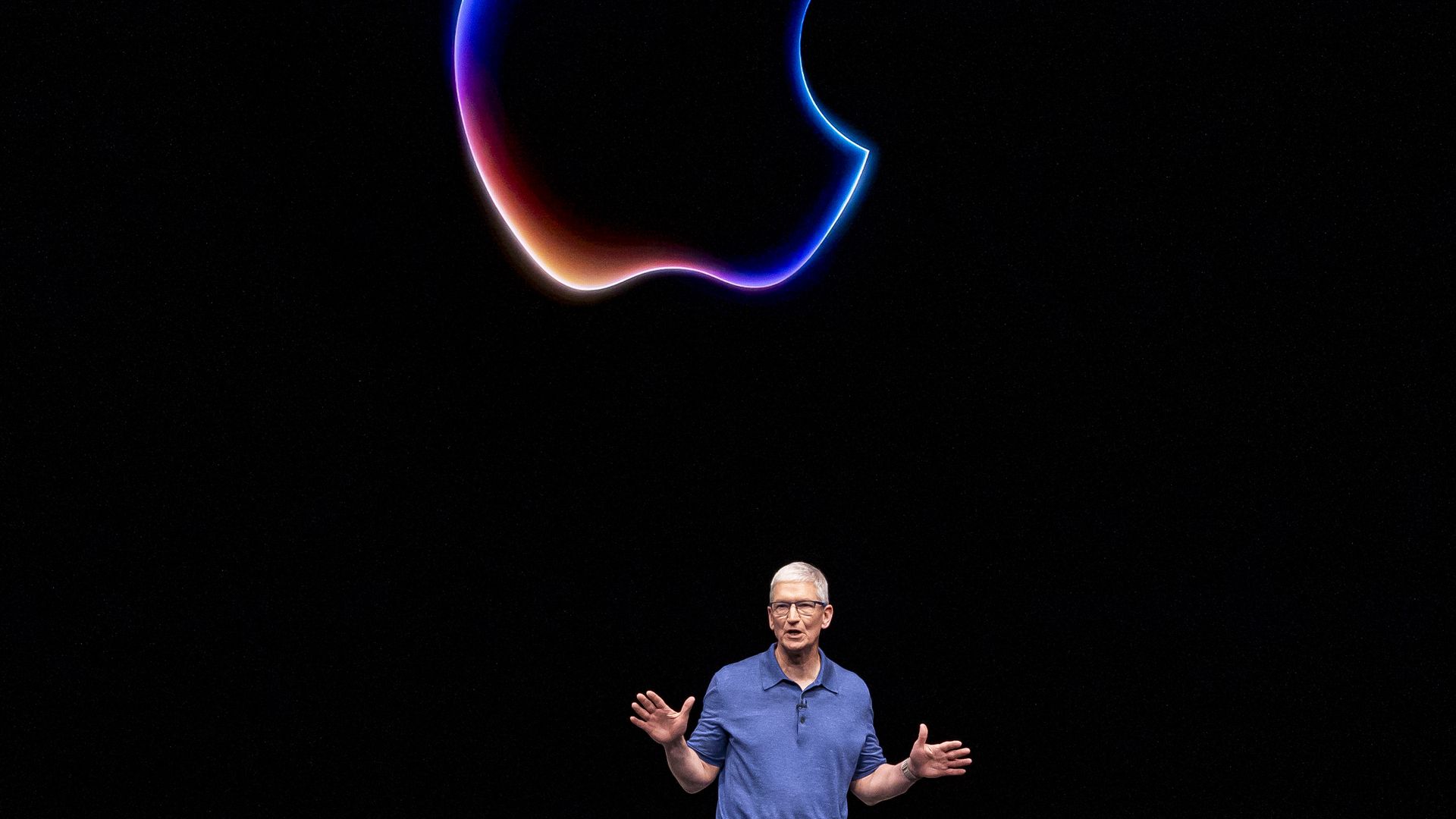 Tim Cook, chief executive officer of Apple Inc., during the Apple Worldwide Developers Conference at Apple Park campus in Cupertino, California, US, on Monday, June 10, 2024. 