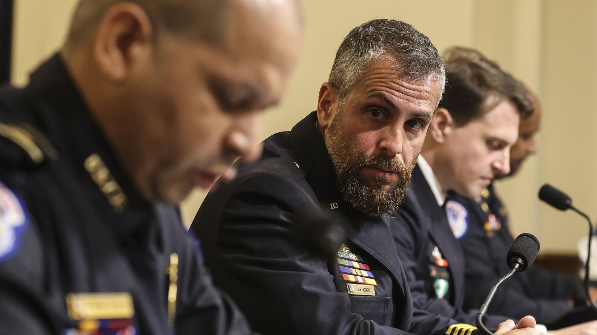  U.S. Capitol Police, Michael Fanone, right, looks on as U.S. Capitol Police officer Sgt. Aquilino Gonell, left, testifies before the House Select Committee investigating the January 6 attack
