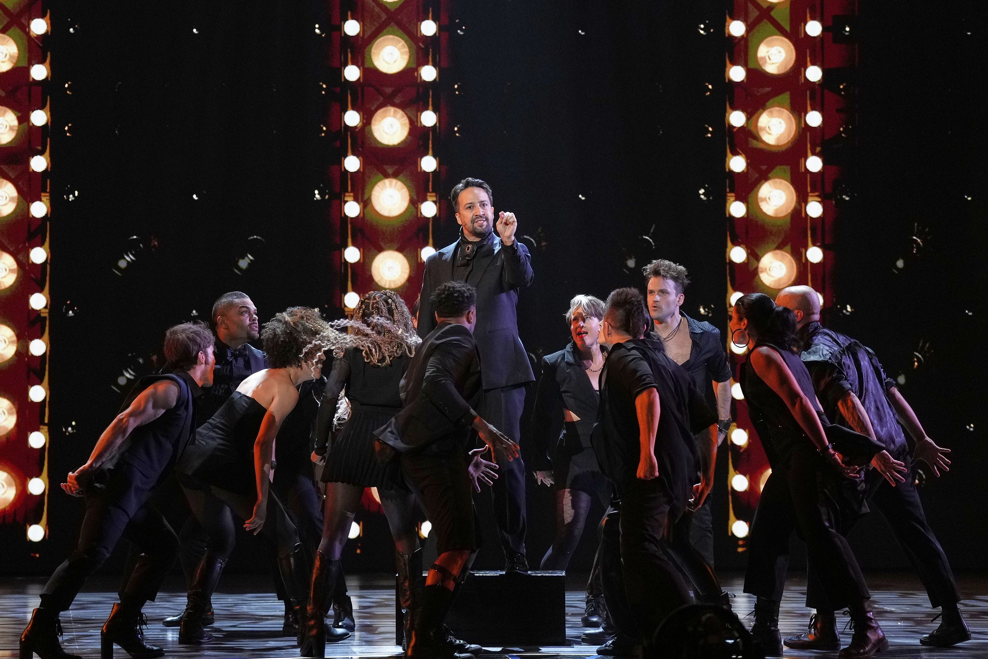 Lin-Manuel Miranda, center, performs a medley from "Hamilton" during the 78th Tony Awards on Sunday, June 8, 2025, at Radio City Music Hall in New York.