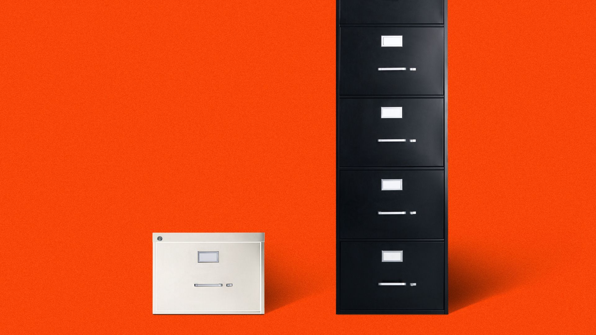 Illustration of a single while filing cabinet next to a stacked set of black filing cabinets