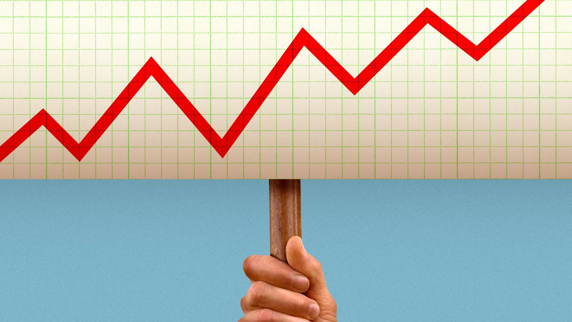 Illustration of a hand holding a picket sign with a positive line chart.