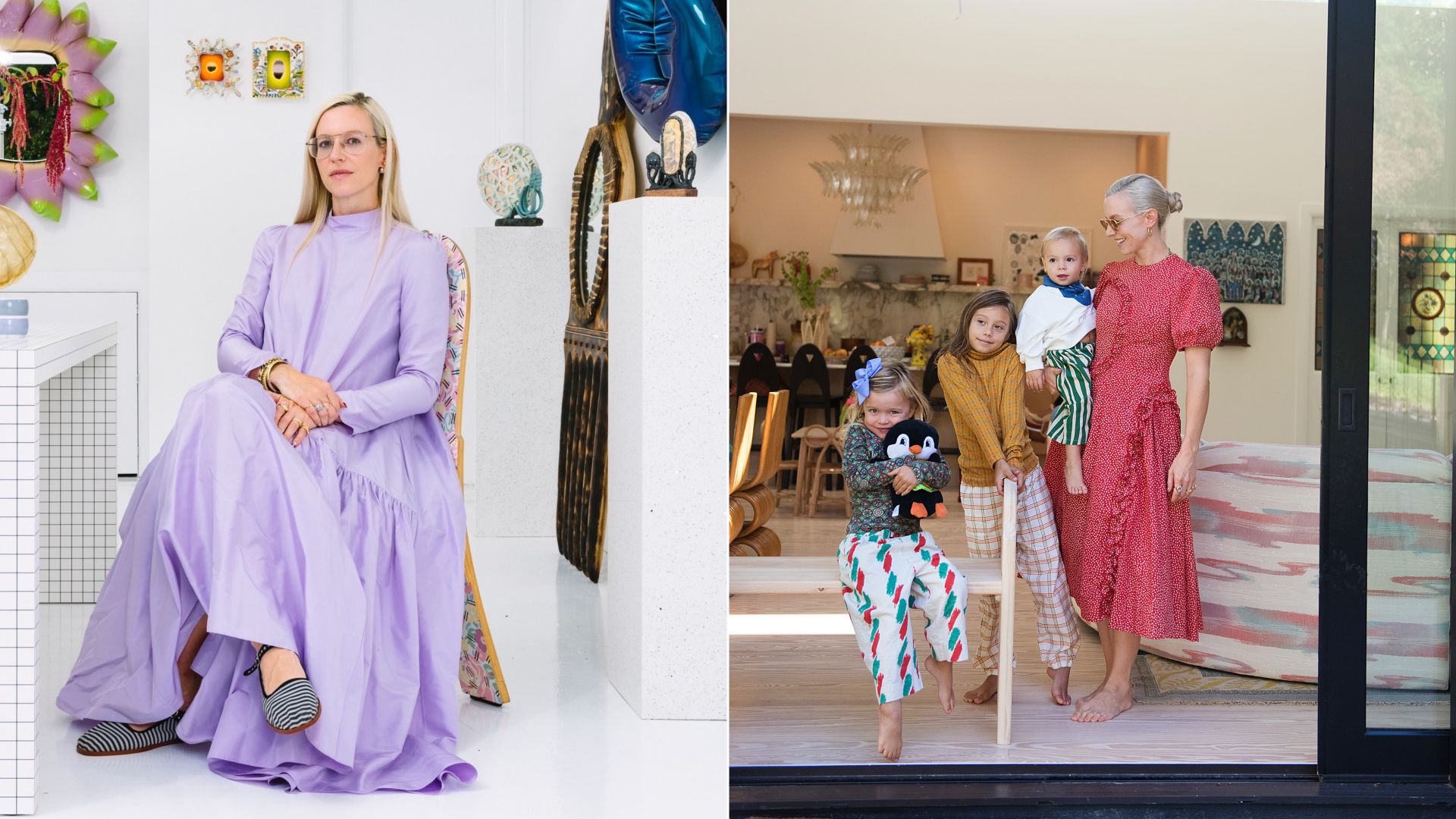 Two side by side photos, the left showing a photo of gallery owner Margaret Bakke sitting in a purple dress, and the right showing her surrounded by her three young children.