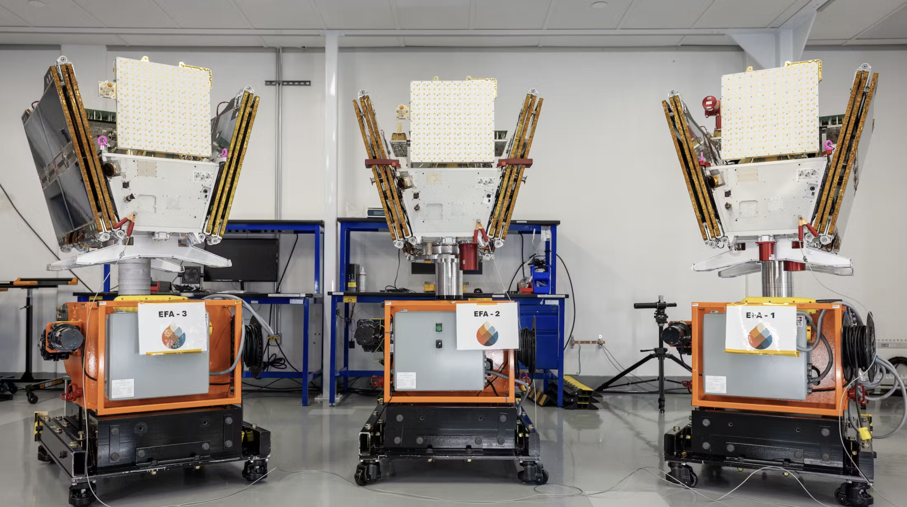 Earth Fire Alliance's first three FireSats at a clean room in Mountain View, Calif. Photo: Muon Space