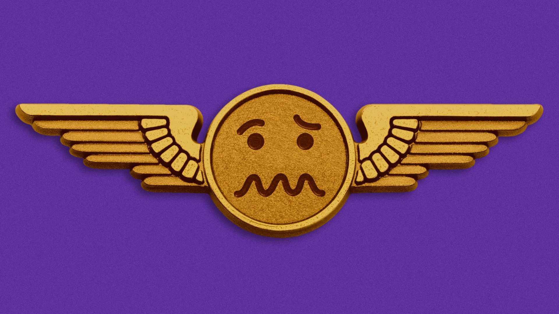 Illustration of a golden airplane wing pin with a woozy or confused emoji.