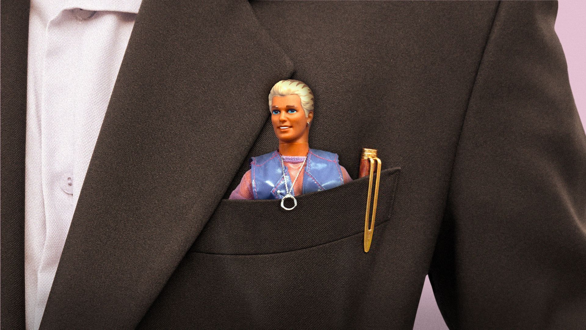 Photo illustration of an Earring Magic Ken doll peeking out of a suit pocket.