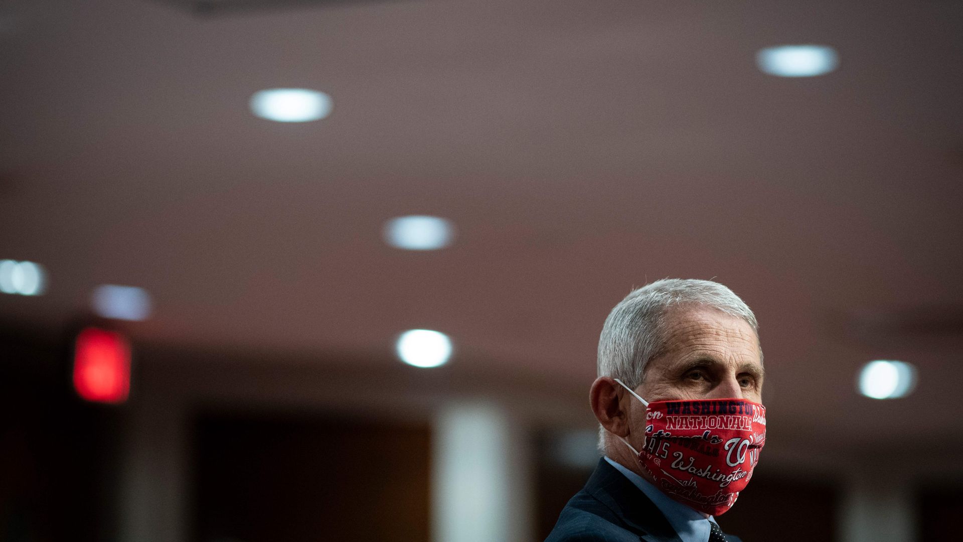 Photo of Dr. Anthony Fauci wearing a Washington Nationals themed face mask
