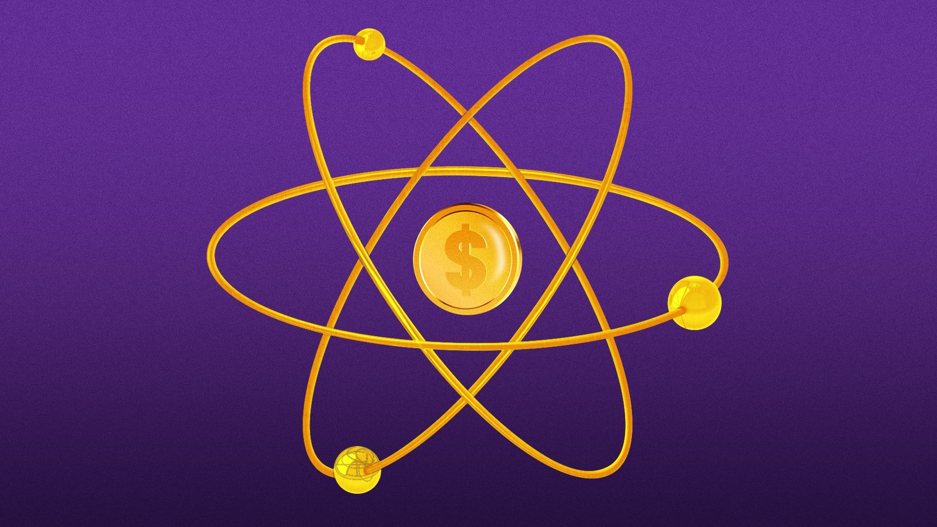 Illustration of an atom with a coin as the nucleus.