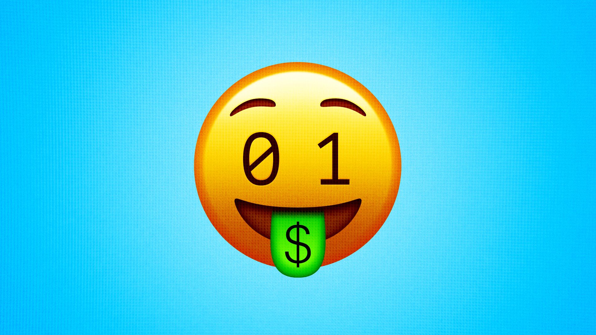 Illustration of a money tongue emoji but its eyes are binary code.