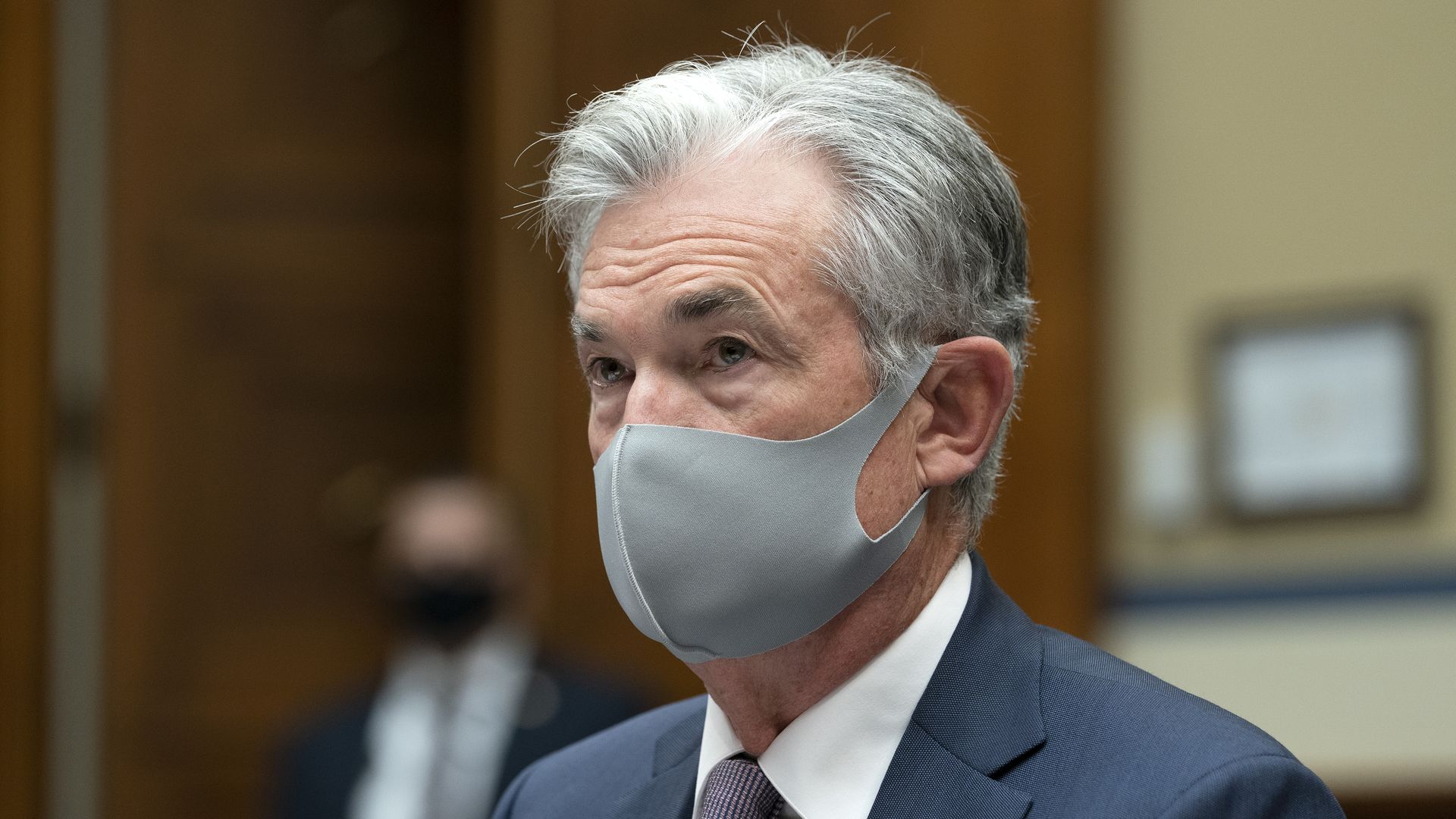 Jerome Powell, chairman of the U.S. Federal Reserve, wears a protective mask during a Congressional hearing