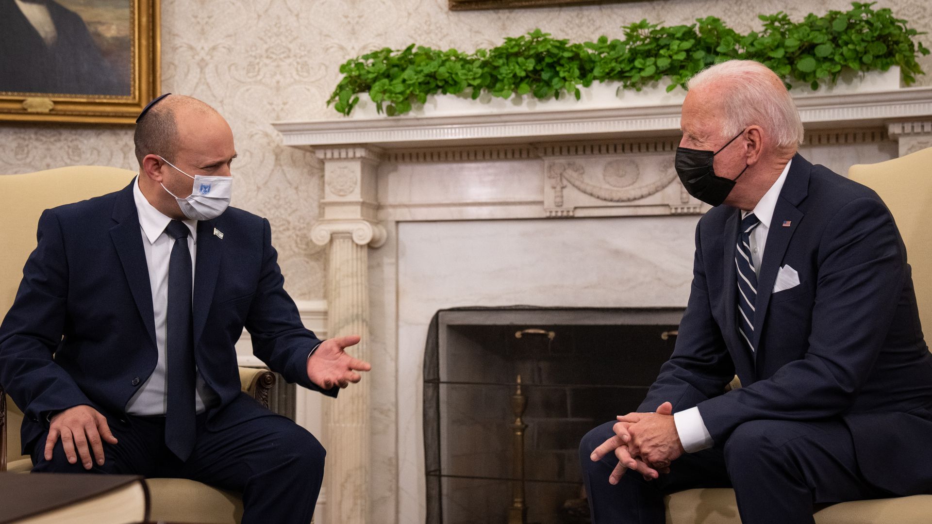 U.S. President Joe Biden, right, and Naftali Bennett, Israel's prime minister, meet in the Oval Office of the White House