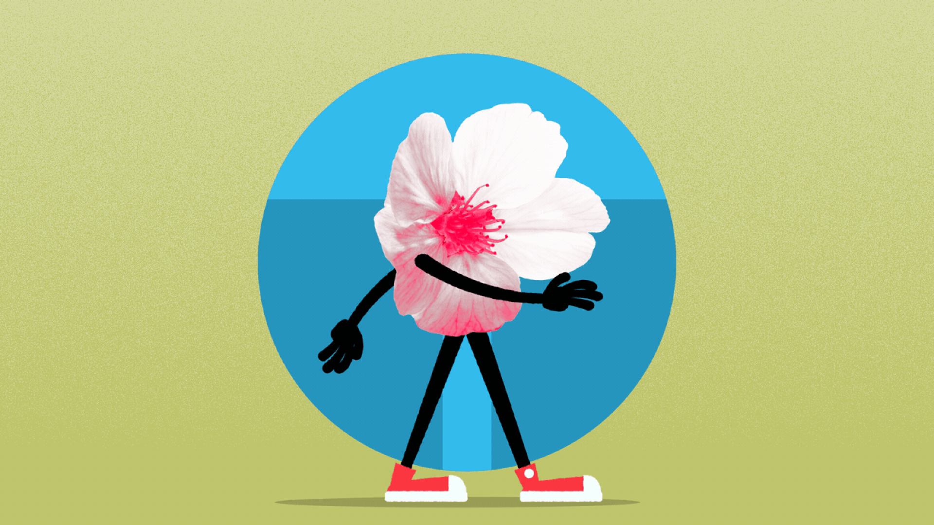 Animated illustration of a cherry blossom with arms and legs walking in front of buildings that are all the same height.