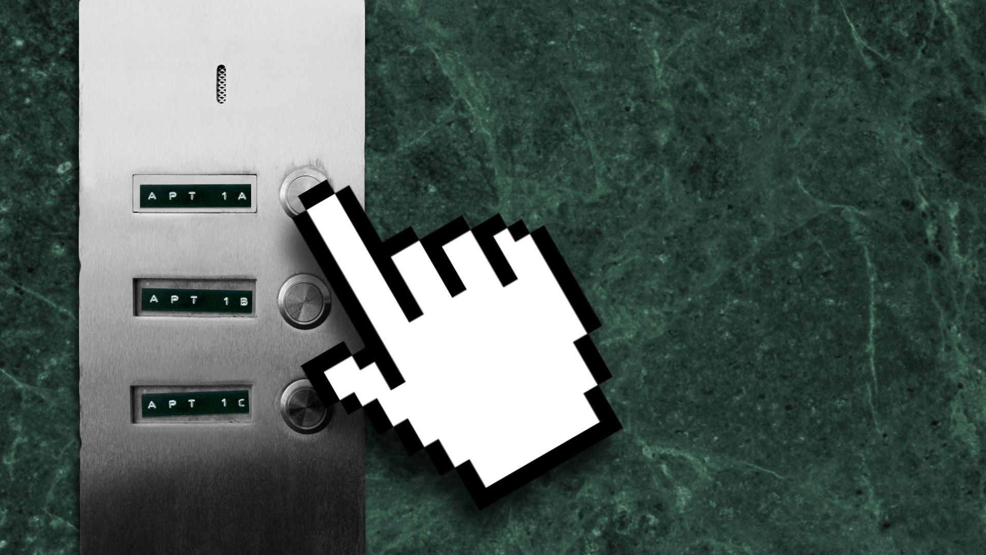 A hand cursor hovering over apartment buzzers. 