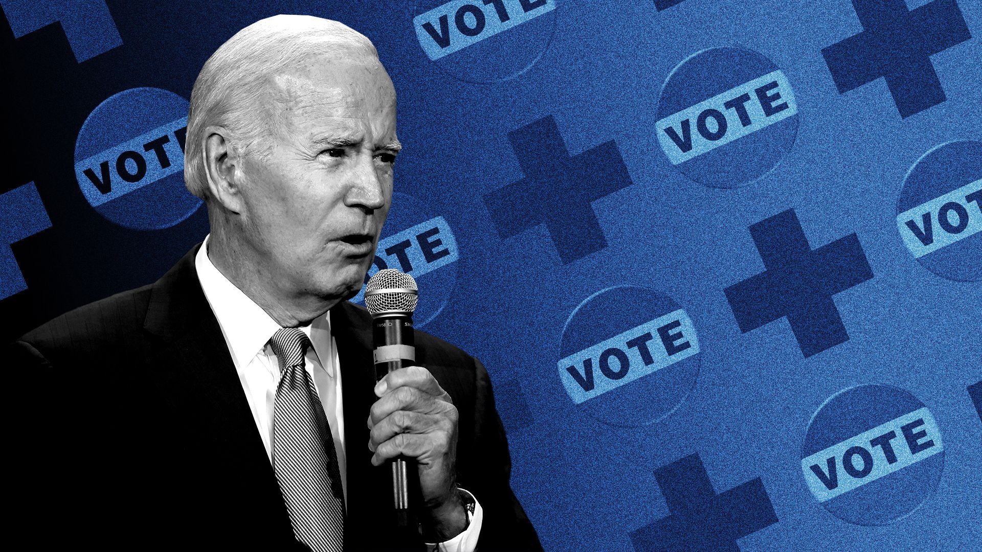 Photo illustration of Biden speaking on a microphone in front of a repeating pattern of VOTE pins and medical crosses