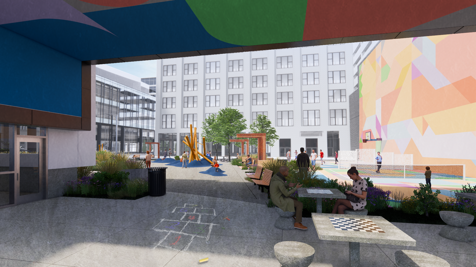Architectural rendering of a proposed park in downtown Des Moines.